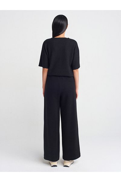 Dilvin 71833 Wide Leg Ribbed Trousers-Black