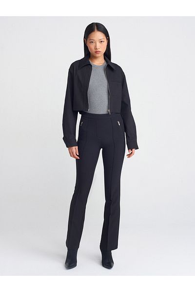 Dilvin 71597 Mid-Waisted Trousers with Ornamental Stitching-Black