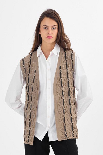 Uludağ Triko Women's Sand Silvery Twisted Patterned Seasonal Knitwear Vest