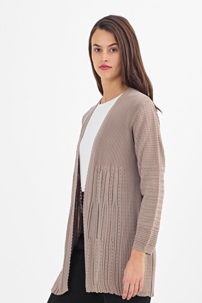 Uludağ Triko Women's Sand Embroidered Ribbed Buttonless Mother Knitwear Cardigan