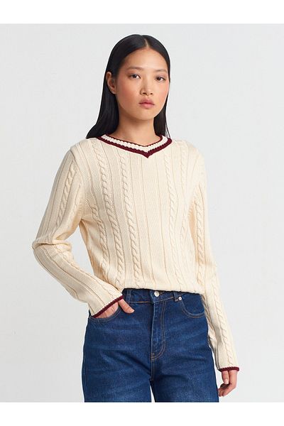 Dilvin 10687 V-Neck Striped Hair Knit Knitwear Sweater-Ecru-Claret Red