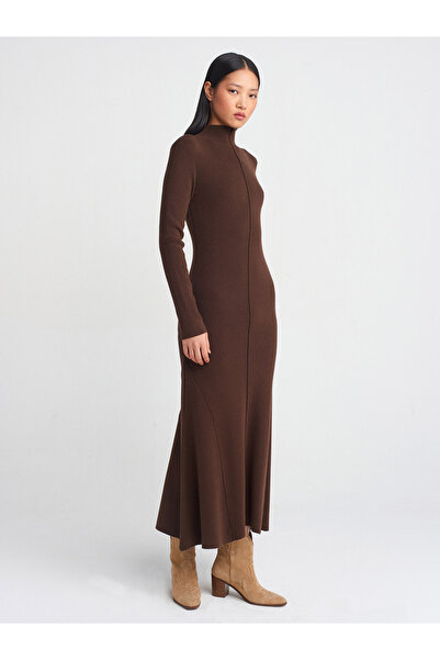 Dilvin 90240 Καφέ Πλεκτό Φόρεμα με Όρθιο Γιακά και Λεπτομέρεια Ραφών - Μ.