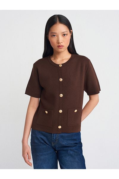 Dilvin 60287 Crew Neck Button Pocket Knitwear Cardigan-Coffee