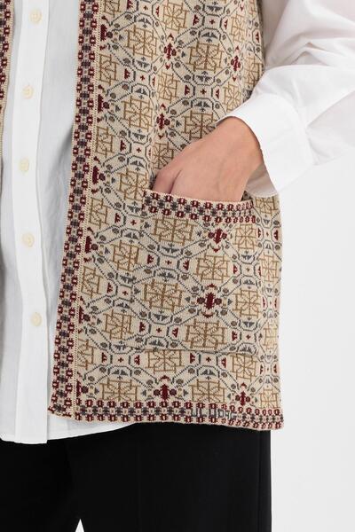 Uludağ Triko Kadın Taş Monogram Desenli Cepli Triko Kilim Anne Yelek