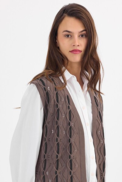 Uludağ Triko Women's Mink Silvery Twist Patterned Seasonal Knitwear Vest