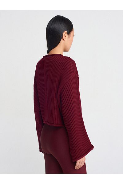 Dilvin 10688 Crew Neck Ribbed Sweater-Claret Red