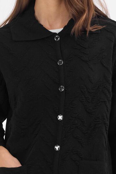 Uludağ Triko Women's Black Embossed Pattern Knitwear Cardigan with Buttons and Pockets