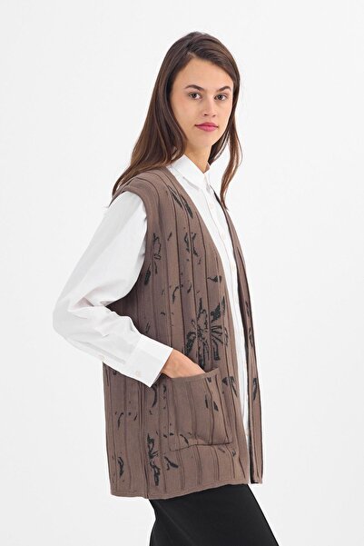 Uludağ Triko Women's Mink Floral Patterned Pocket V-Neck Seasonal Knitwear Mother Vest