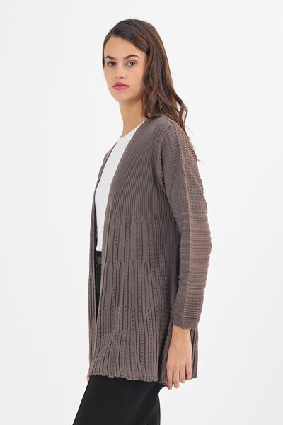 Uludağ Triko Women's Mink Embroidered F Corded Fabric Buttonless Mother Knitwear Cardigan