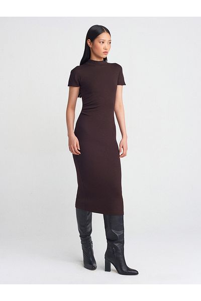 Dilvin 91297 Rochie midi tricotată elastică-Maro închis