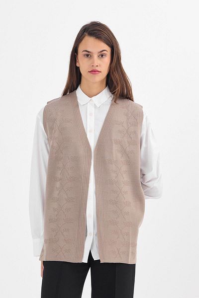 Uludağ Triko Women's Sand V-Neck Floral Print Knitwear Thin Summer Vest
