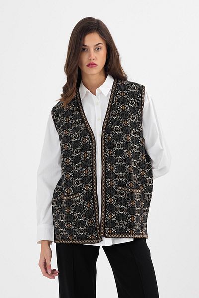 Uludağ Triko Women's Black Monogram Patterned Pocket Knitwear Kilim Mother Vest