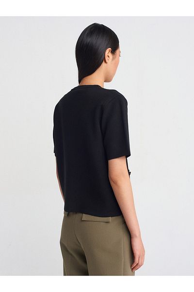 Dilvin 60287 Tricotaj cu buzunar cu nasturi cu gât crew Cardigan-Negru