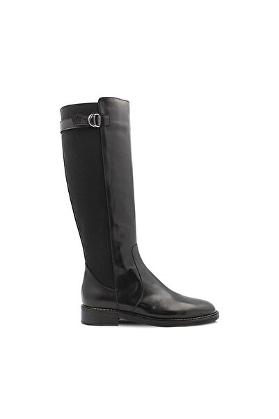 Vario Hakiki Deri Tokalı Diz Altı Kadın Çizme Sıyah C322