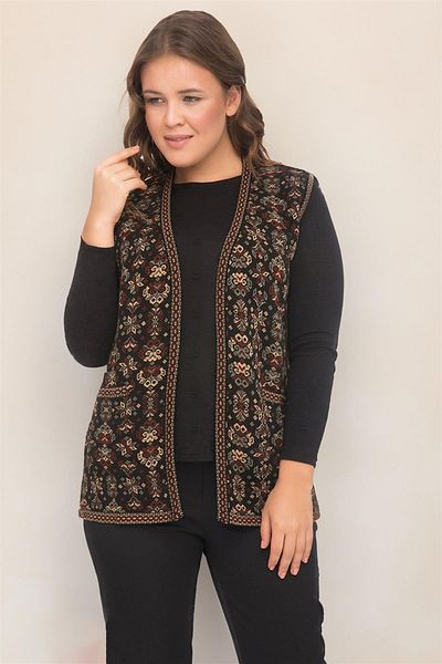 Uludağ Triko Women's Silver Flower Patterned Kilim Vest with Pockets