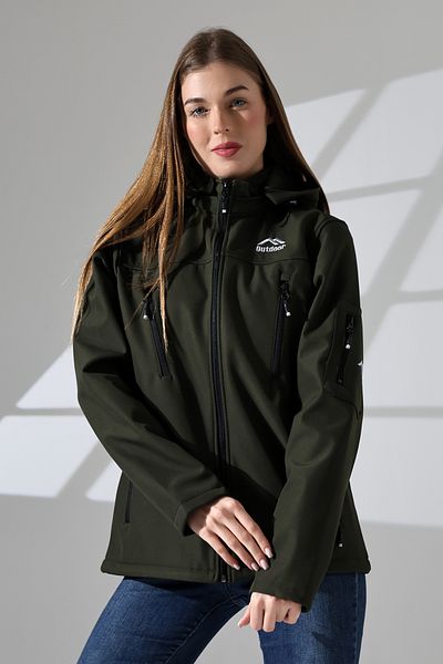 B.HE.Z Khaki Women's Softshell Coat - Waterproof Fabric, Fleece, Detachable Hood