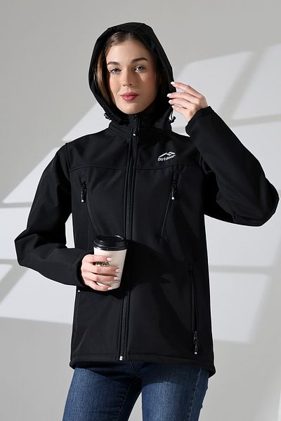 B.HE.Z Waterproof Women's Softshell Coat - Fleece, Detachable Hood, Black