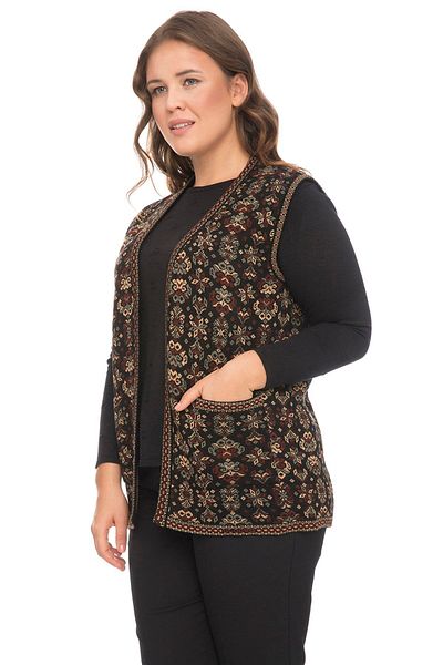 Uludağ Triko Women's Silver Flower Patterned Kilim Vest with Pockets