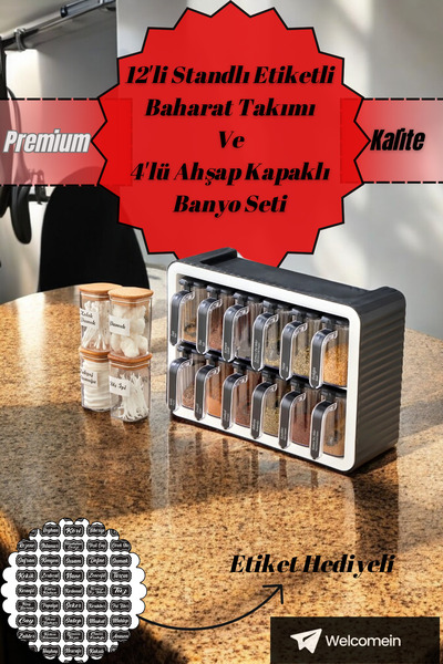 welcomein 12 li Standlı Kendinden Yapışkanlı Kapaklı Kaşıklı Baharatlık Takım...