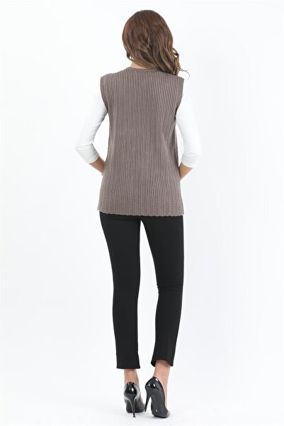 Uludağ Triko Дамски плетен елек с бродерия и оребрена материя от норка