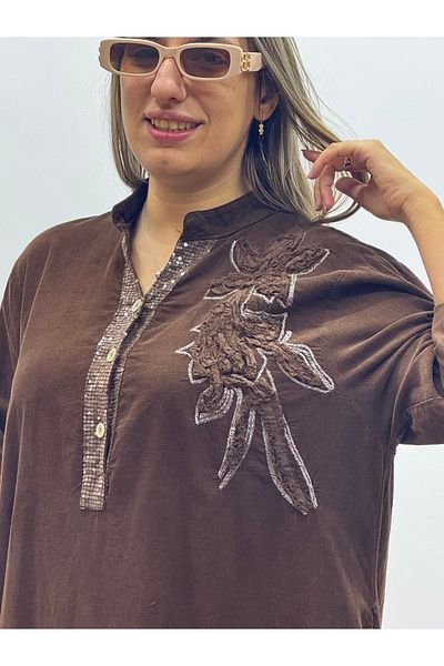 İTALYAN BUTİK Italian Embroidered Bib Sequined Slim Trophy Velvet Dress
