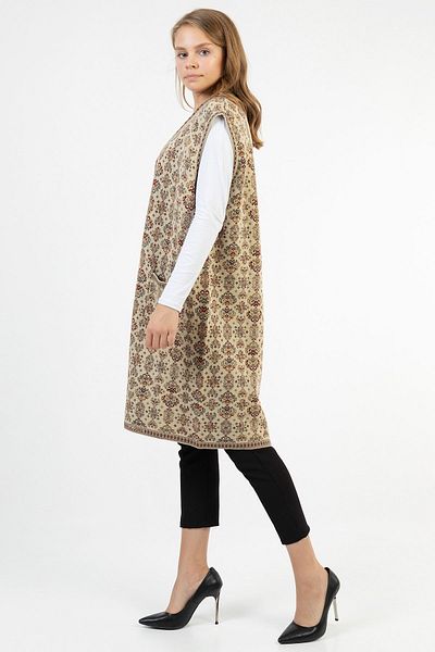 Uludağ Triko Women's Stone Flower Patterned Long Rug Vest with Pockets