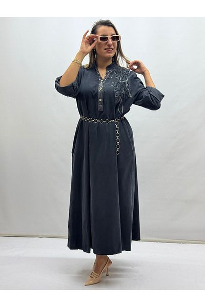 İTALYAN BUTİK Italian Embroidered Bib Sequined Slim Trophy Velvet Dress