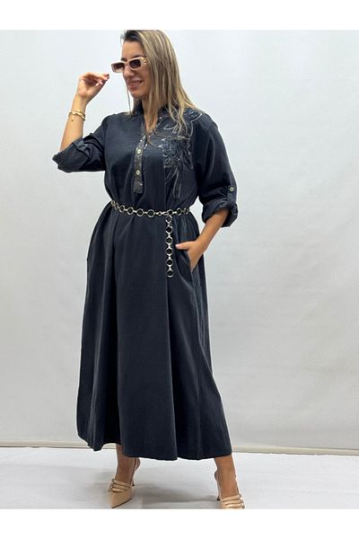 İTALYAN BUTİK Italian Embroidered Bib Sequined Slim Trophy Velvet Dress