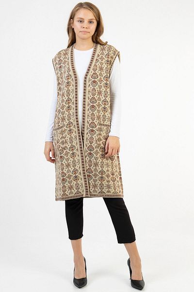 Uludağ Triko Women's Stone Flower Patterned Long Rug Vest with Pockets