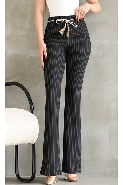 VEGENZE Γυναικείο μαύρο ριγέ ψηλόμεσο παντελόνι Lycra Ισπανικό με κορδόνια