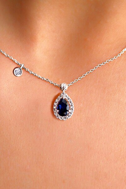 Demas Gold Pırlanta Tohumlu Safi̇r Rengi̇ Damla Kolye