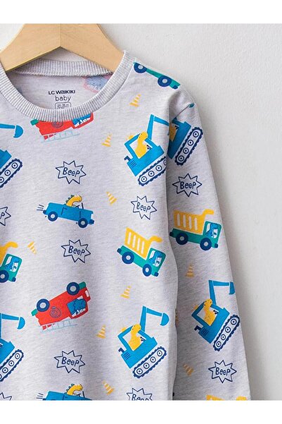 LC Waikiki LCW baby Ekru Bisiklet Yaka Uzun Kollu Baskılı Pamuklu Erkek Bebek Tişört 3'lü