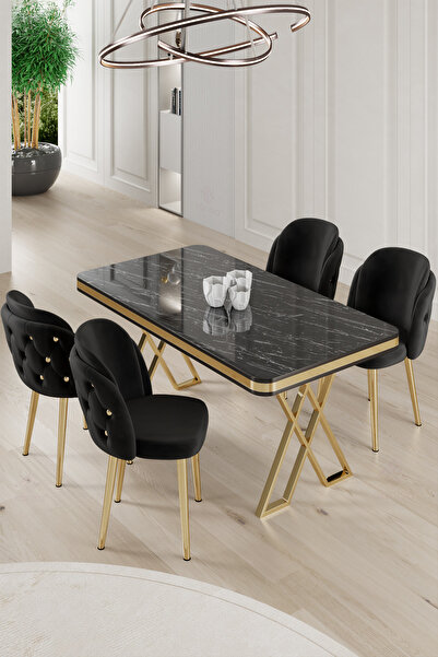 Canisa Rigel Serisi 80x130 Lak Panel Siyah Mermer Desen Masa Takımı Gold Ayaklı 4 Siyah Sandalye