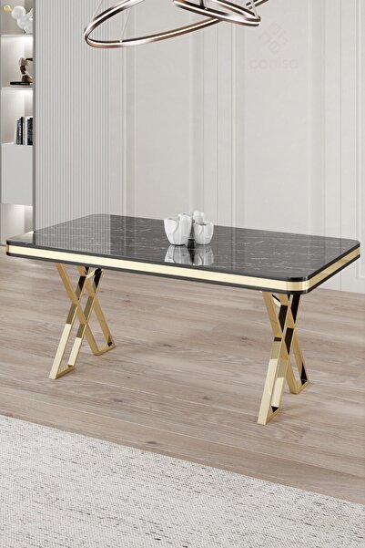 Canisa Rigel Serisi 80x130 Lak Panel Siyah Mermer Desen Masa Takımı Gold Ayaklı 4 Krem Sandalye