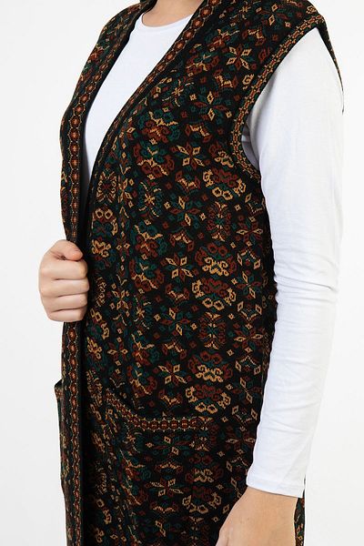 Uludağ Triko Women's Main Flower Patterned Long Rug Vest with Pockets