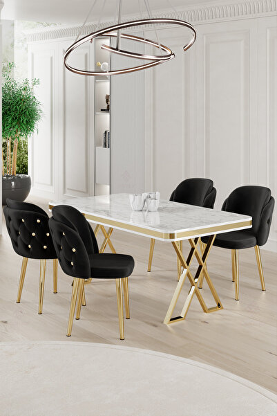Canisa Rigel Serisi 80x130 Lak Panel Beyaz Mermer Desen Masa Takımı Gold Ayaklı 4 Siyah Sandalye
