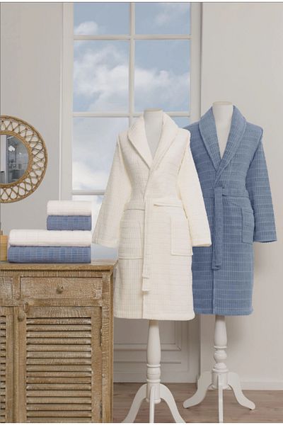 Özdilek Velvet Cream-Indigo Family Bathrobe Set - Özdilek Land