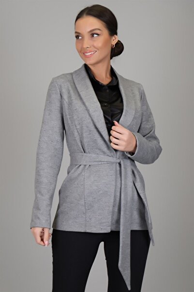 SWEETNESS Women's Gray Diagonal Patterned Belted Unlined Jacket