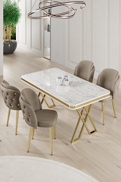 Canisa Rigel Serisi 80x130 Lak Panel Beyaz Mermer Desen Masa Takımı Gold Ayaklı 4 Cappucino Sandalye