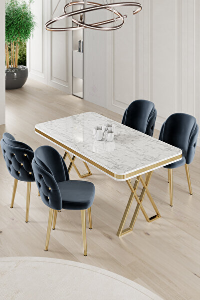 Canisa Rigel Serisi 80x130 Lak Panel Beyaz Mermer Desen Masa Takımı Gold Ayaklı 4 Antrasit Sandalye