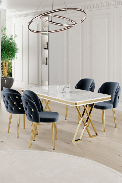 Canisa Rigel Serisi 80x130 Lak Panel Beyaz Mermer Desen Masa Takımı Gold Ayaklı 4 Antrasit Sandalye