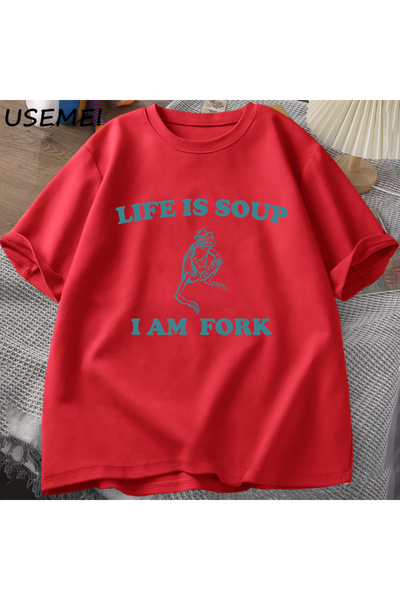 Drippy Unisex Pamuk T-shirt - Životna supa I, grafička slika žabe sa viljuško...