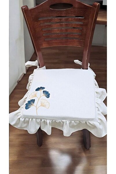 shules collection EL YAPIMI BULDAN YIKANMIS KETEN  GİNKGO YAPRAĞI NAKISLI FIRFIRLI SANDALYE MİNDERİ