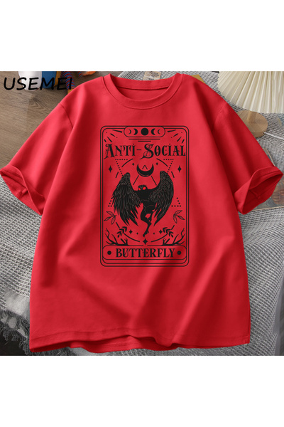 Drippy Vintage Pamuk Mothman Tarot Leptir T-shirt - Kratki rukav, ležerna uli...