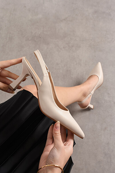 dabab shoes Kadın Bej Cilt Sade Arkası Açık Sivri Burun İnce Topuklu Ayakkabı