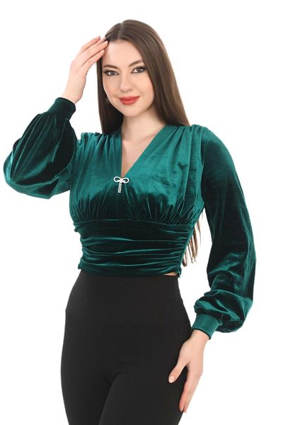lodmela Cultură de catifea verde smarald - 6007 cu detaliu broșă
