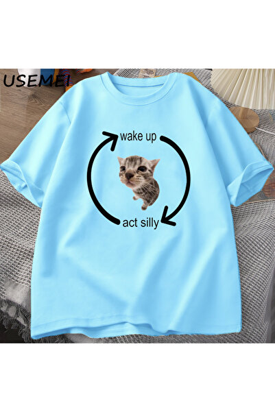 Drippy Tricou confortabil din bumbac, scurt, Wake Up Motion Silly Cat, pentru...