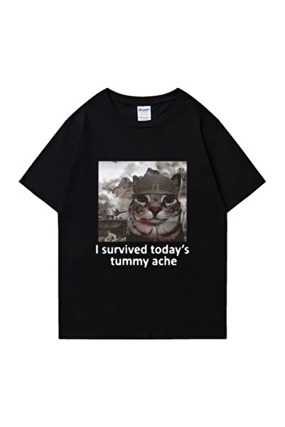 Drippy Muški Pamuk paket T-shirt - Smešno mačka, Preživeo sam bol u stomaku p...
