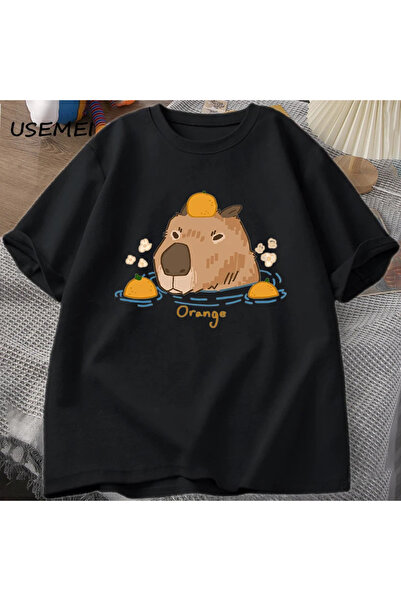 Drippy Capybara portakallar ile yüzme t-shirt boy T Shirt Unisex pamuk Shrot ...