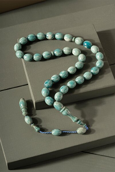 TESBİHKENTİ Rozariu de chihlimbar sertizat ondulat în ton verde pastel